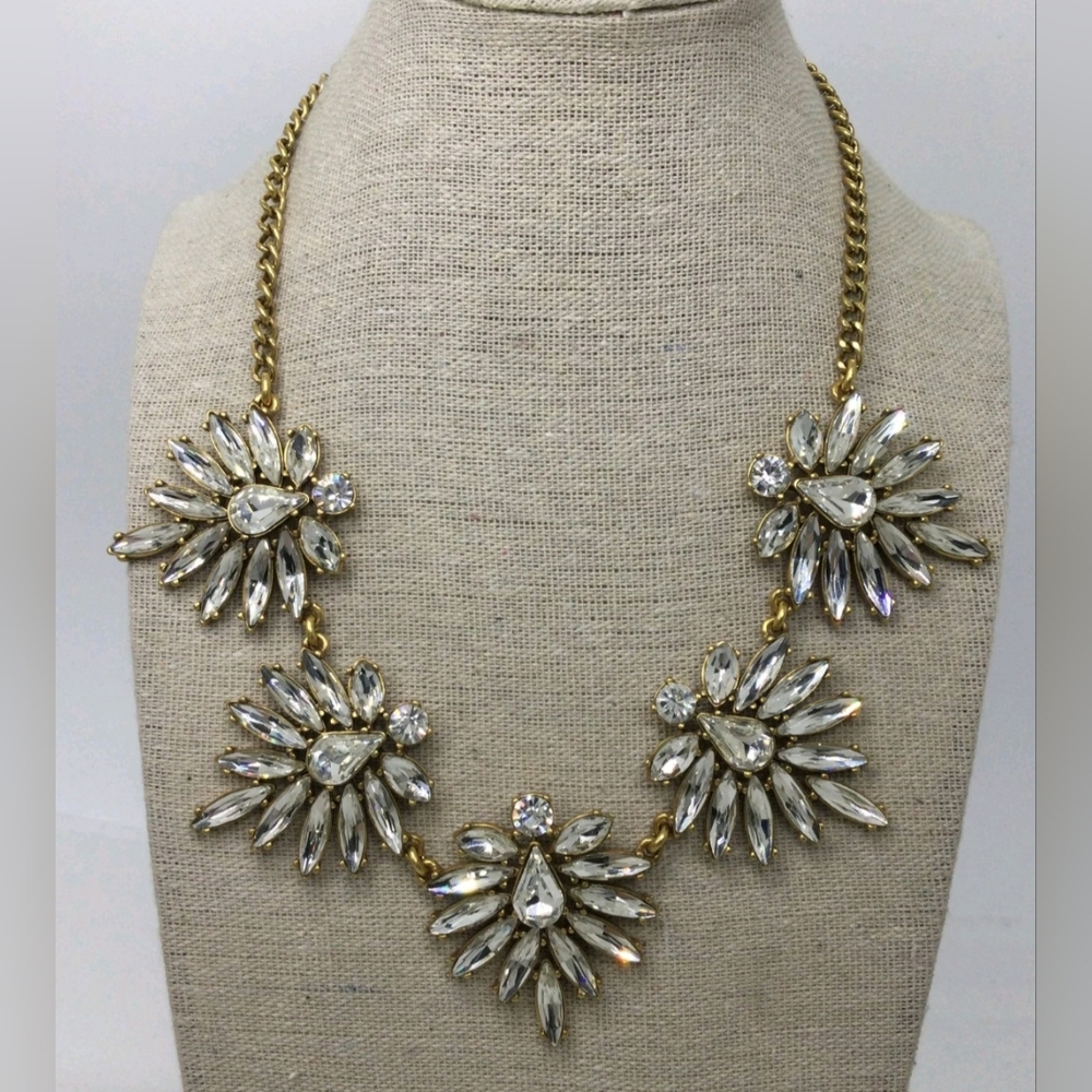J. Crew Goldtone Clear Rhinestone Statement Necklace 15" EUC
